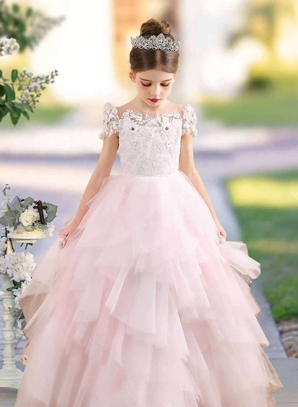 Ball Gown Scoop Neck Short Sleeve Floor-Length Lace/Tulle/Satin Girls Birthday Dresses With Appliques/3D Flower Girls Gidiondress