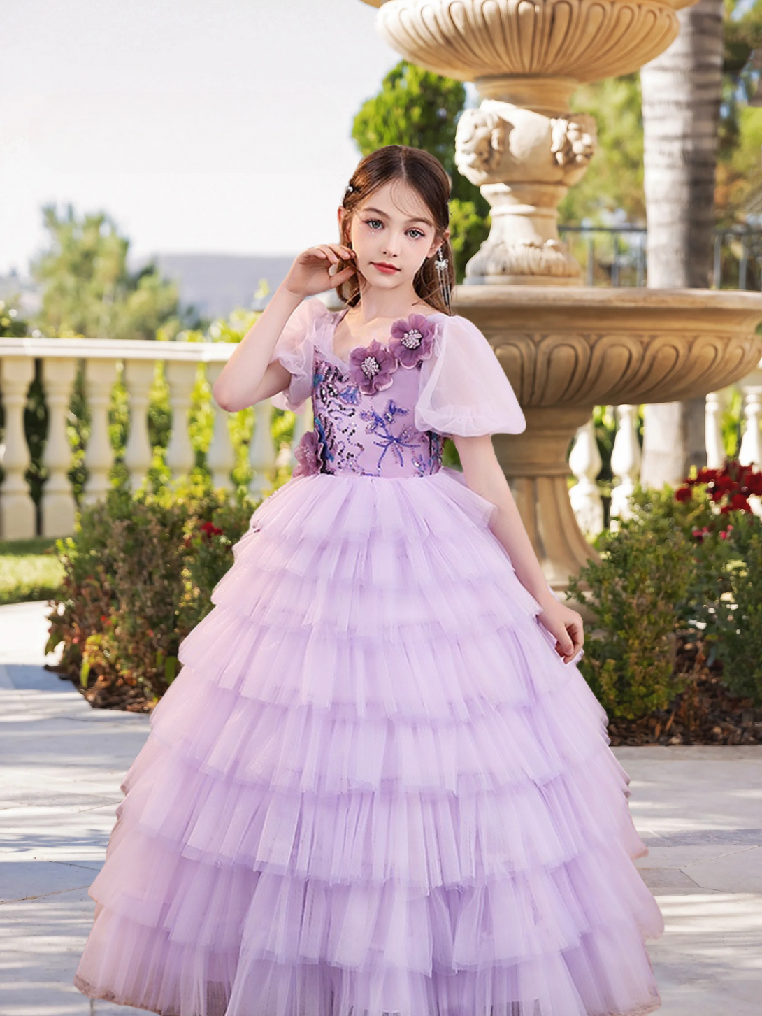 Scoop Neck Puff Sleeve Floor-Length Exquisite Sequins/Lace/Tulle Girl's Cake Dresses With Appliques/3D Flower Gidiondress