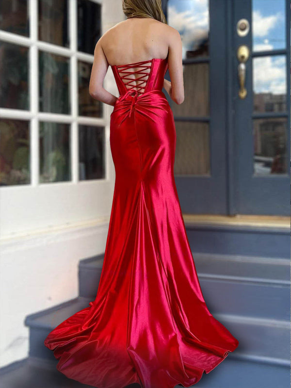 Sheath/Column Strapless Evening Dresses Sleeveless Floor-Length With Split Side BabaMila