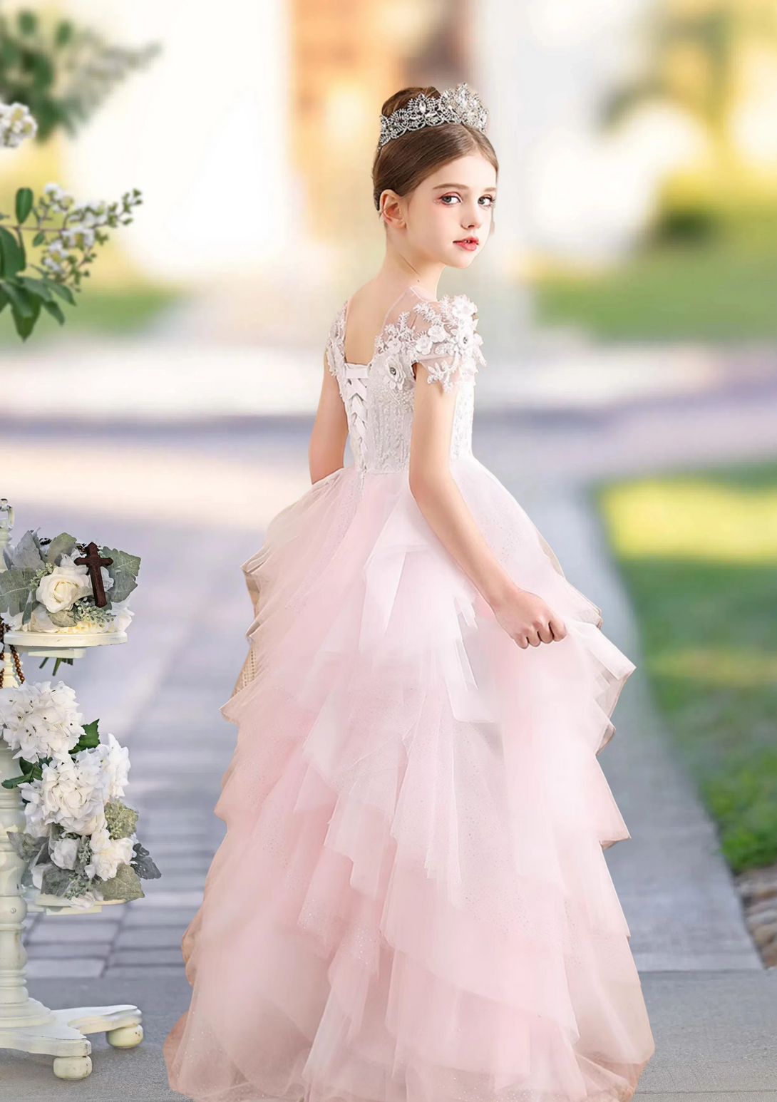 Ball Gown Scoop Neck Short Sleeve Floor-Length Lace/Tulle/Satin Girls Birthday Dresses With Appliques/3D Flower Girls Gidiondress