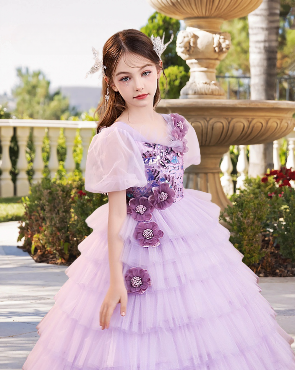 Scoop Neck Puff Sleeve Floor-Length Exquisite Sequins/Lace/Tulle Girl's Cake Dresses With Appliques/3D Flower Gidiondress