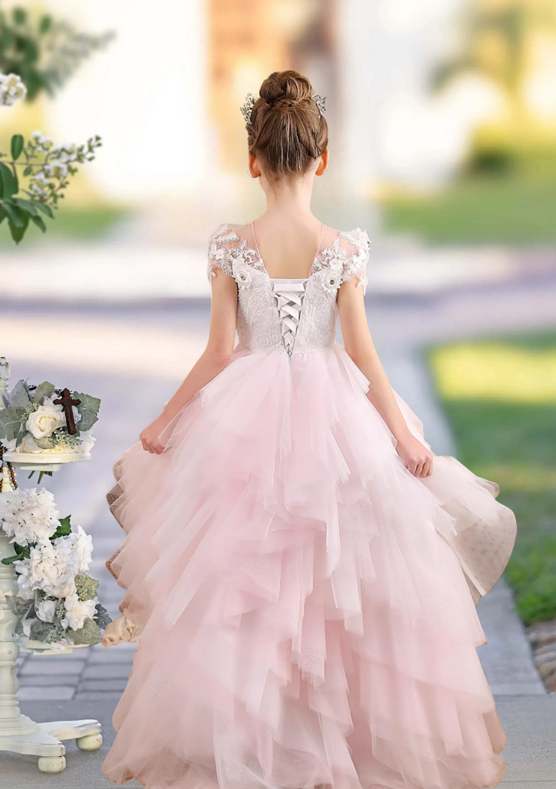 Ball Gown Scoop Neck Short Sleeve Floor-Length Lace/Tulle/Satin Girls Birthday Dresses With Appliques/3D Flower Girls Gidiondress