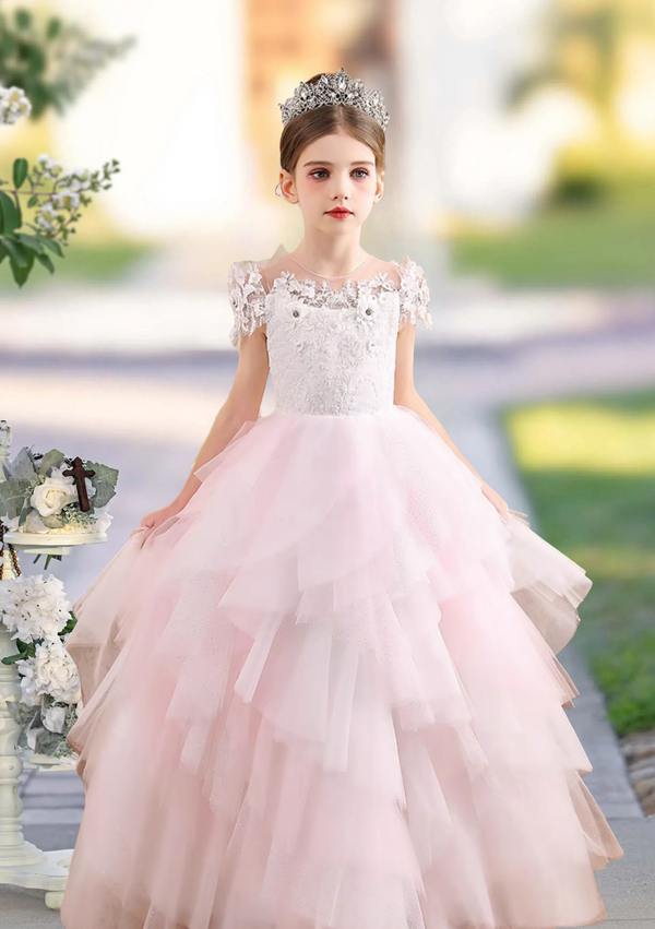 Ball Gown Scoop Neck Short Sleeve Floor-Length Lace/Tulle/Satin Girls Birthday Dresses With Appliques/3D Flower Girls Gidiondress pink 12M