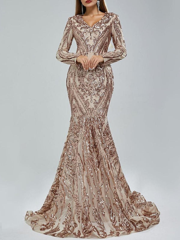 Trumpet/Mermaid V-Neck Long Sleeves Floor-Length Evening Dresses with Sequin BabaMila