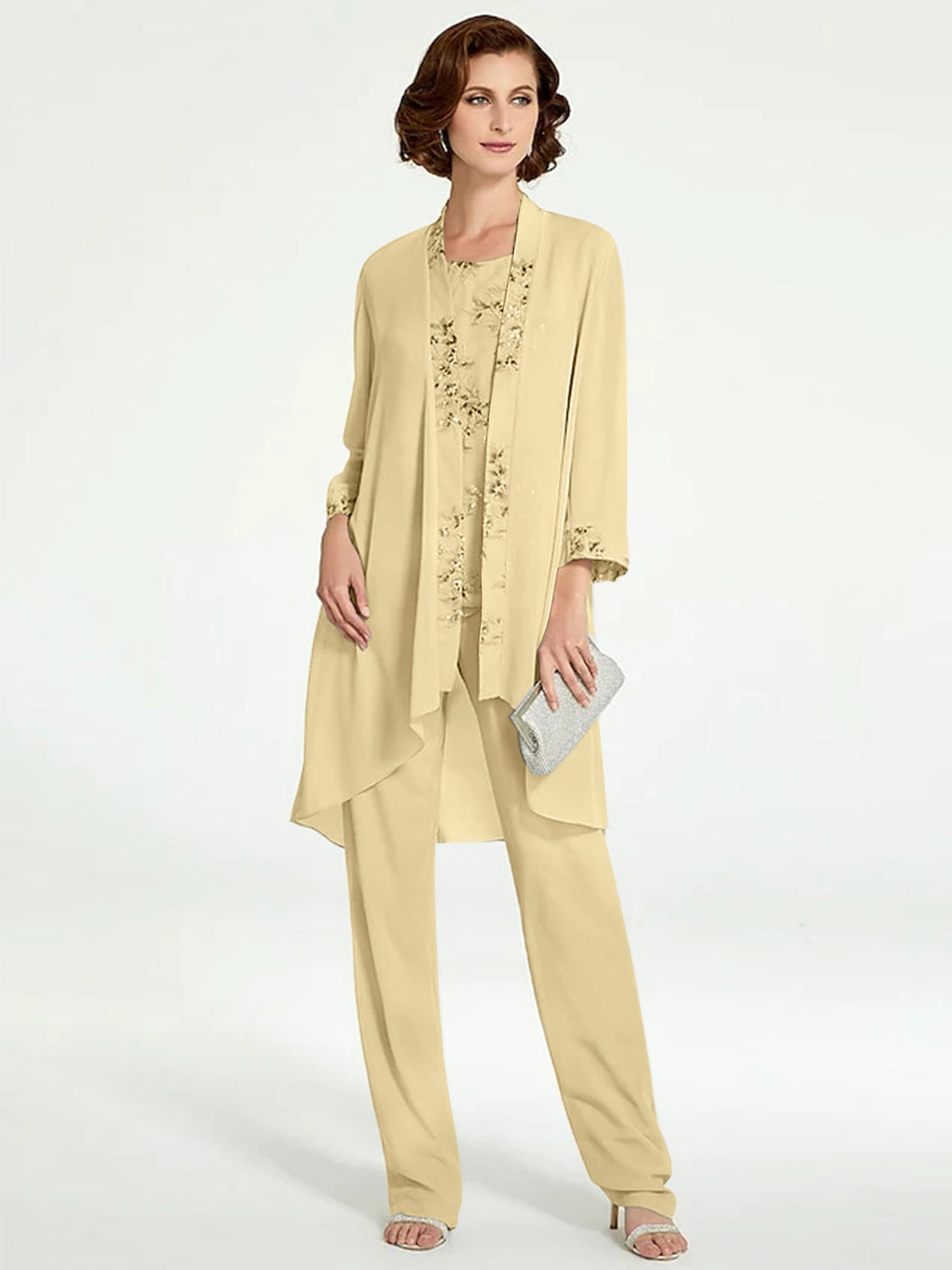 Chiffon Round Neck Floor-Length Mother Of The Bride Pantsuits With Jacket BabaMila