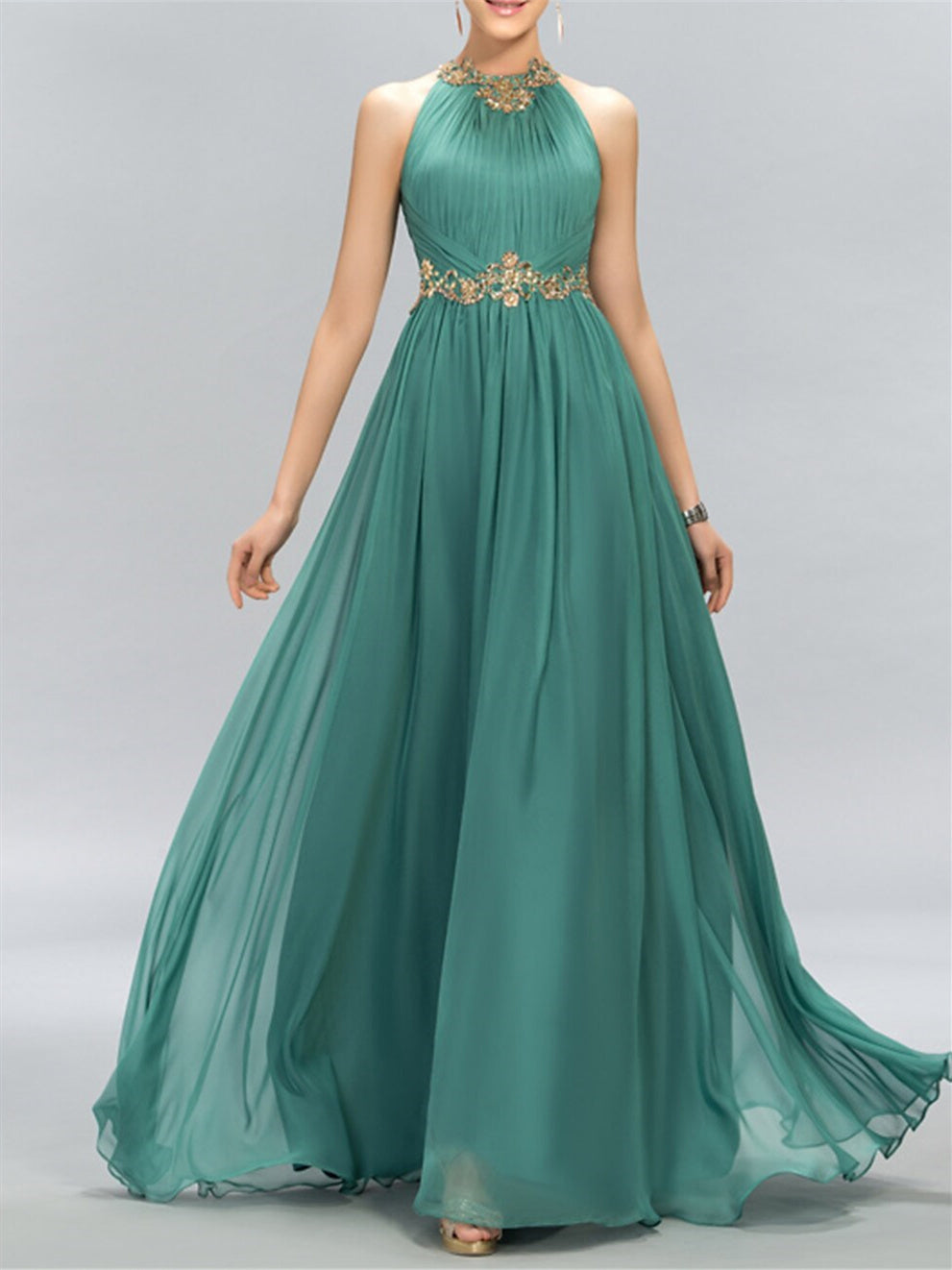 A-Line/Princess Sleeveless Halter Neck Floor-Length Evening Dress With Pleated/Appliques BabaMila