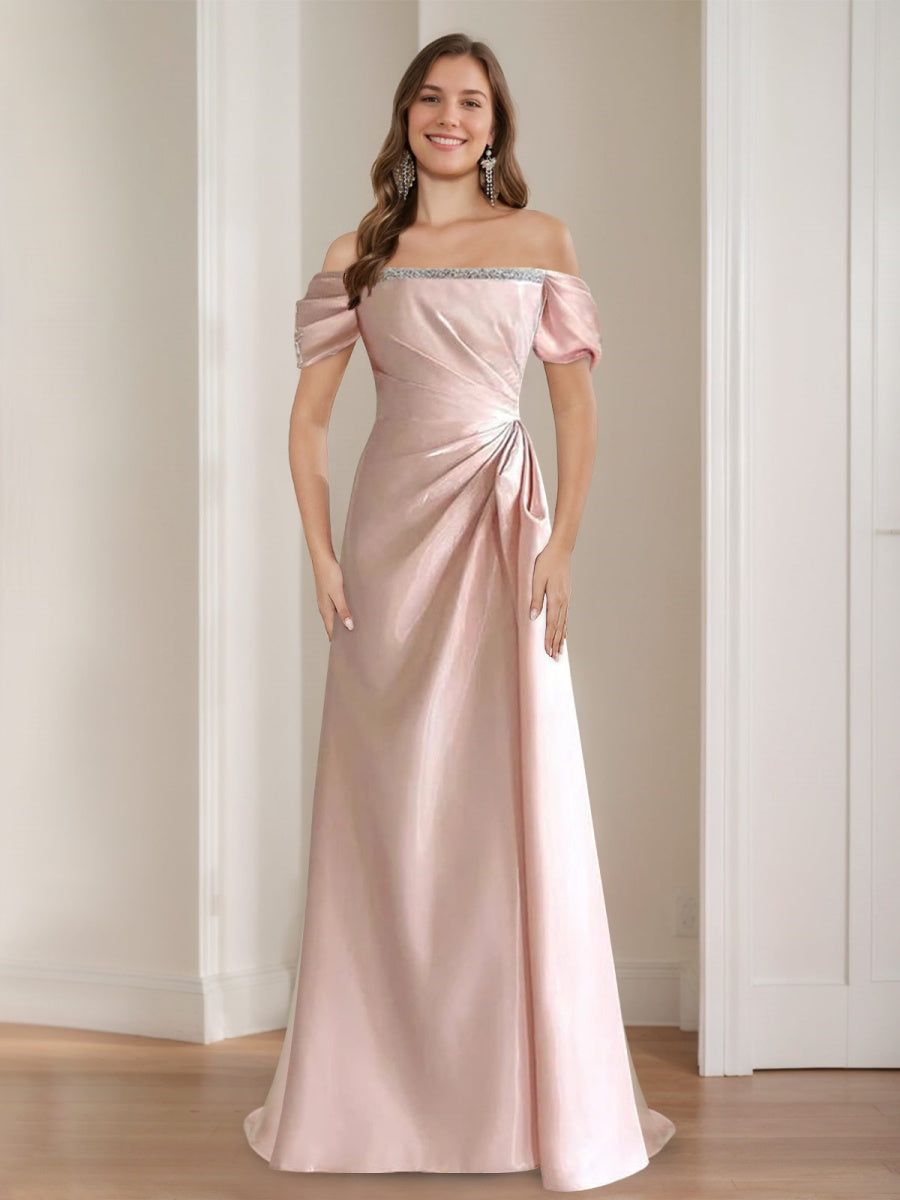 A-Line/Princess Off-the-shoulder Ruched Elegant Prom Dresses with Beadings/Lace-up BabaMila