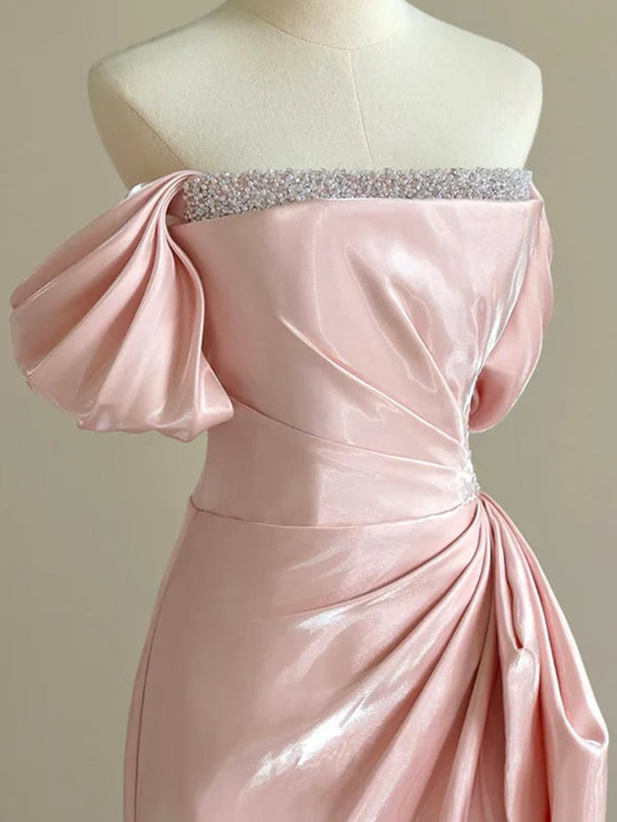 A-Line/Princess Off-the-shoulder Ruched Elegant Prom Dresses with Beadings/Lace-up BabaMila