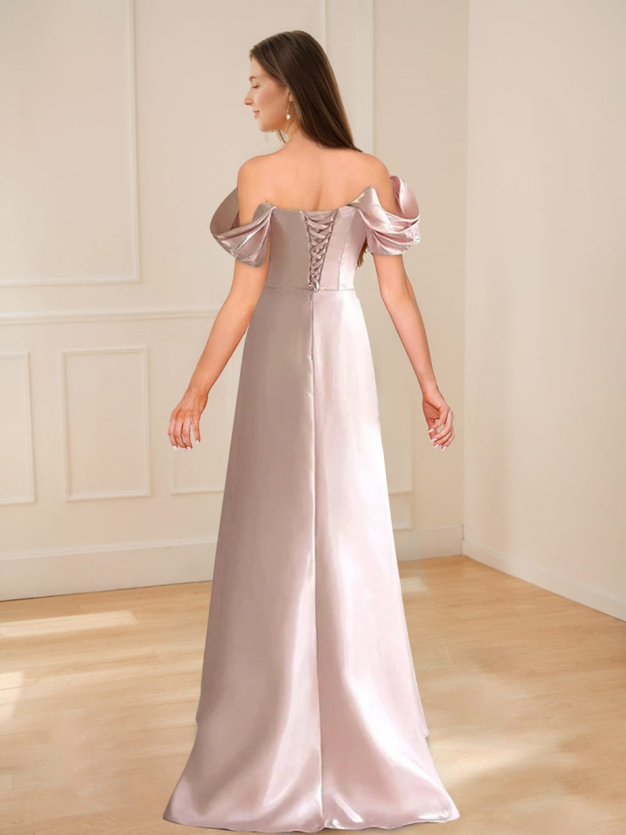 A-Line/Princess Off-the-shoulder Ruched Elegant Prom Dresses with Beadings/Lace-up BabaMila