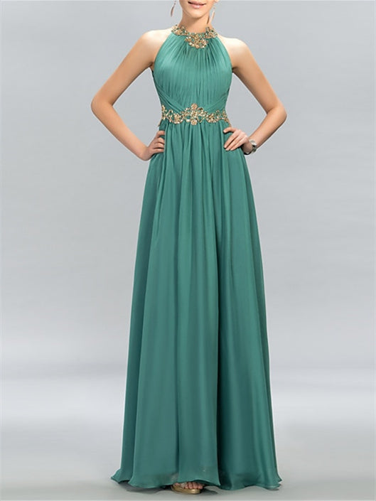 A-Line/Princess Sleeveless Halter Neck Floor-Length Evening Dress With Pleated/Appliques BabaMila