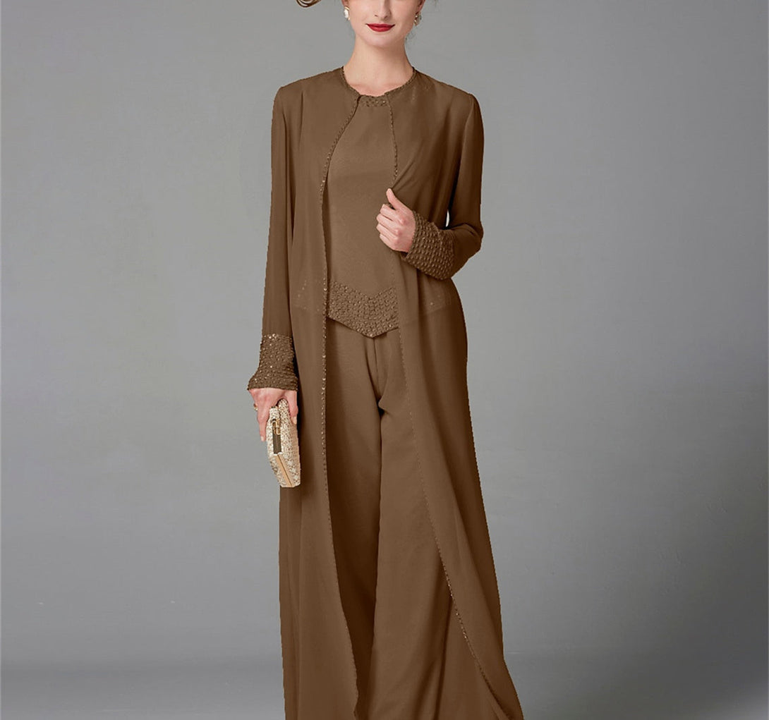 Chiffon Long Sleeves Mother Of The Bride Pantsuits With Jacket & Sequins BabaMila