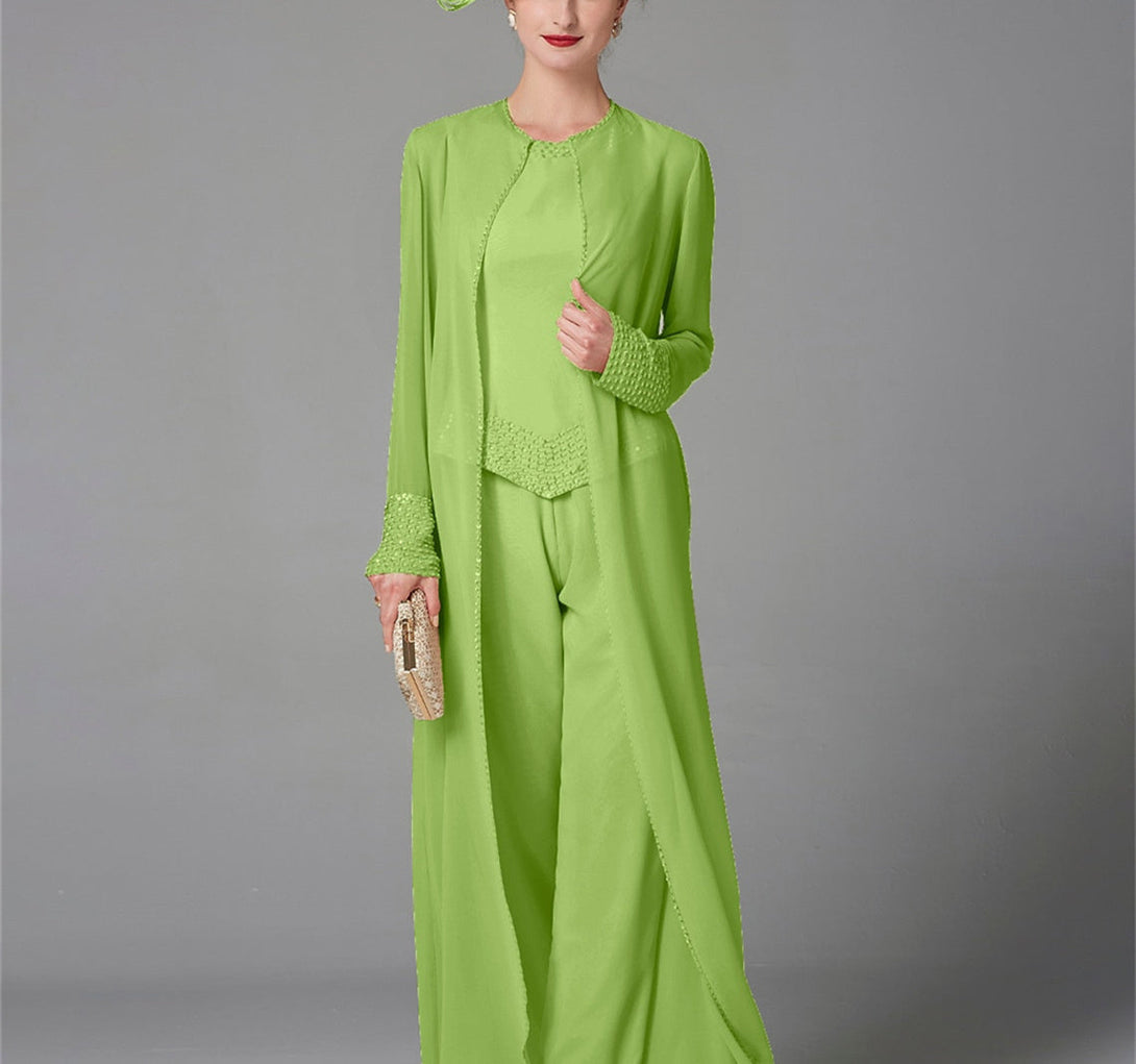 Chiffon Long Sleeves Mother Of The Bride Pantsuits With Jacket & Sequins BabaMila
