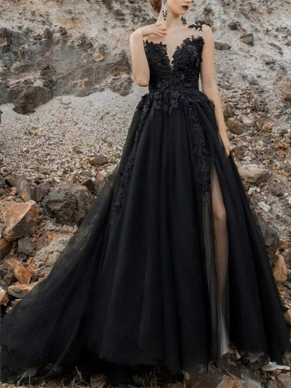 A-Line/Princess Illusion Neck Sleeveless Evening Dresses With Pleats Slit Appliques BabaMila