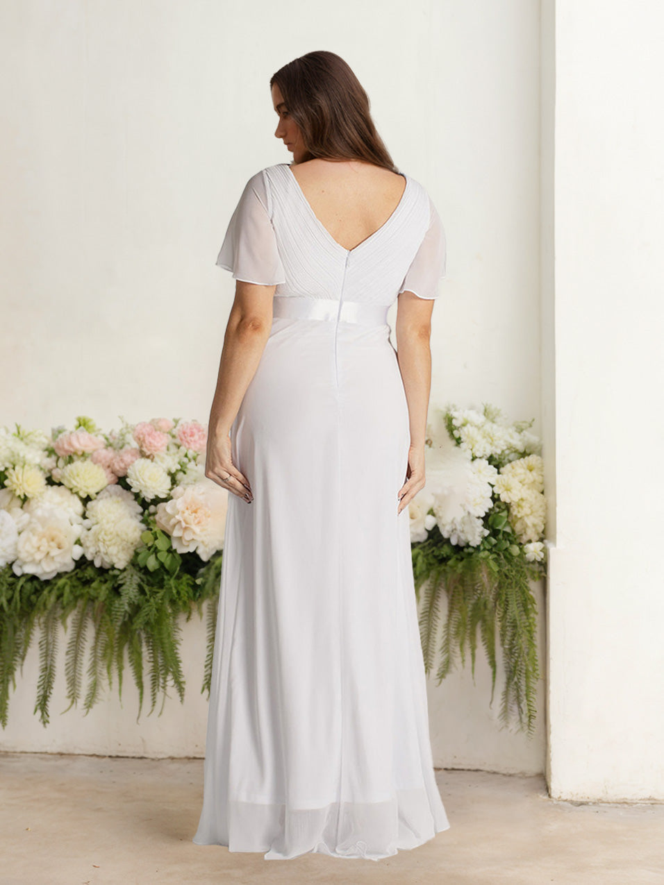 A Line/Princess Deep V-Neck Short Sleeves Floor-Length Plus Size Bridesmaid Dresses with Ruffles BabaMila