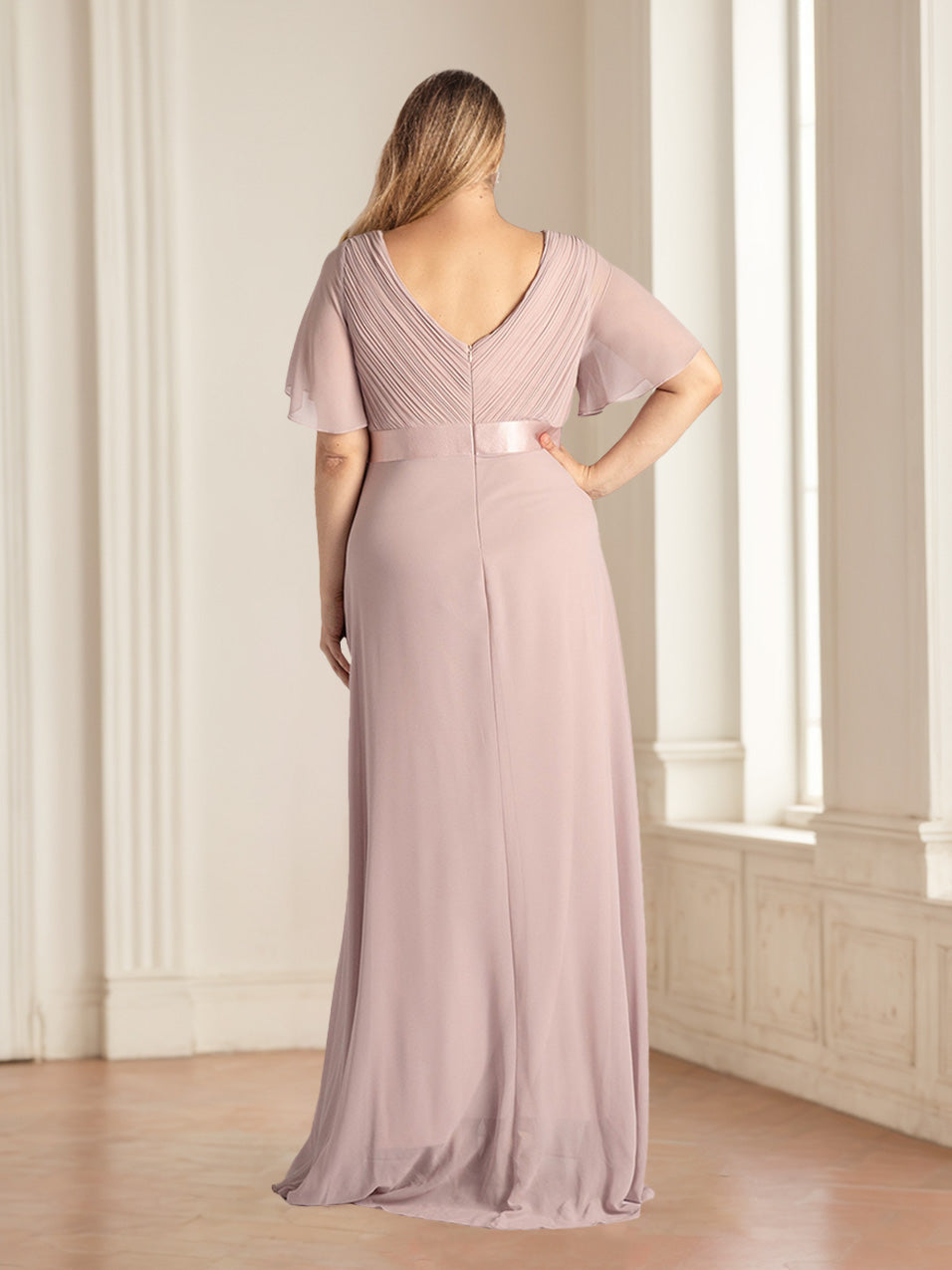 A Line/Princess Deep V-Neck Short Sleeves Floor-Length Plus Size Bridesmaid Dresses with Ruffles BabaMila