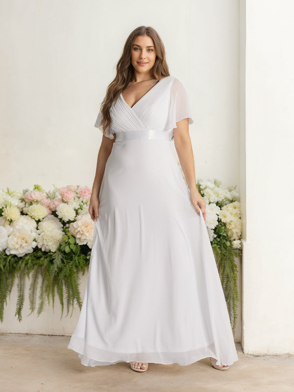 A Line/Princess Deep V-Neck Short Sleeves Floor-Length Plus Size Bridesmaid Dresses with Ruffles BabaMila