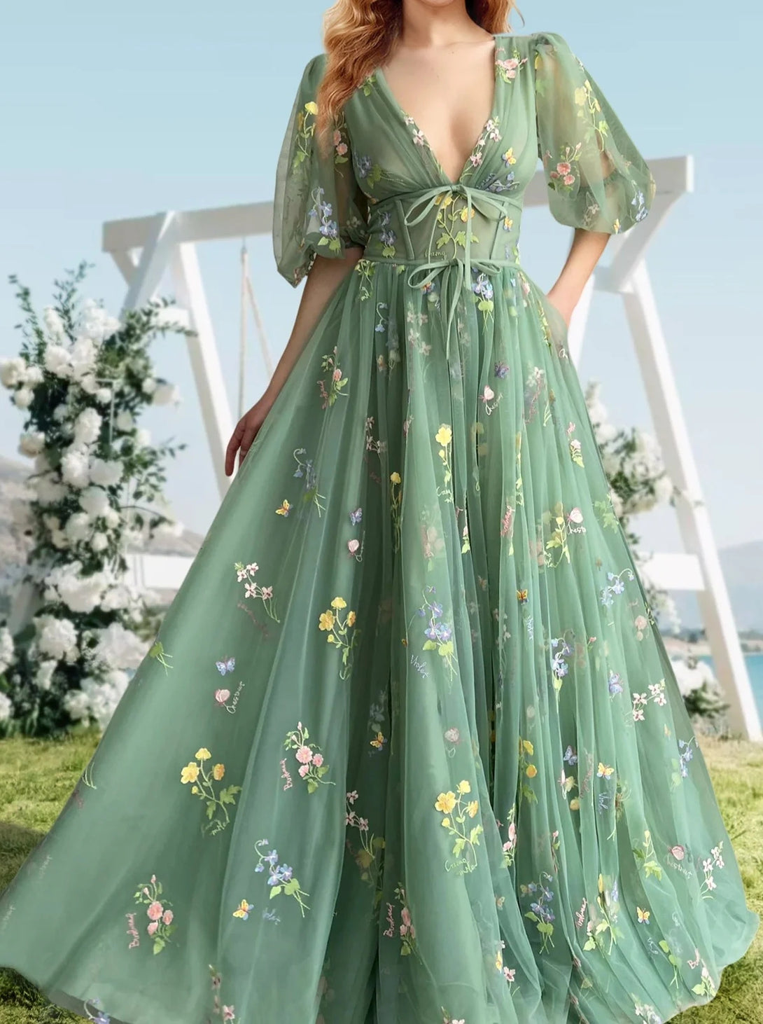A-Line/Princess V-Neck Short Sleeves Floral Long Formal Prom Dresses With Flowers BabaMila