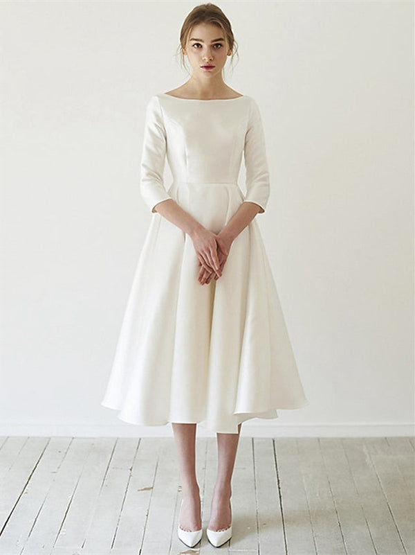 A-Line/Princess 3/4 Sleeves Scoop Neck Tea-Length Wedding Dresses BabaMila