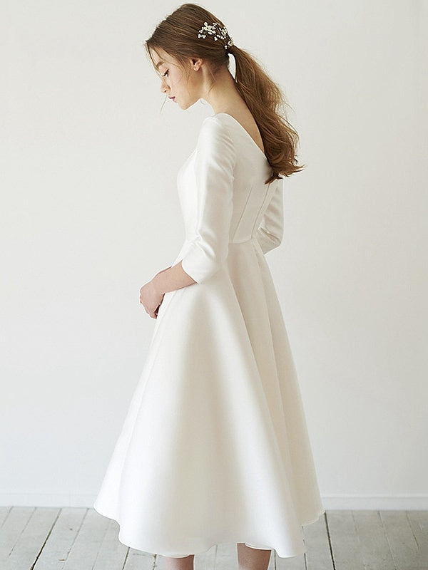 A-Line/Princess 3/4 Sleeves Scoop Neck Tea-Length Wedding Dresses BabaMila