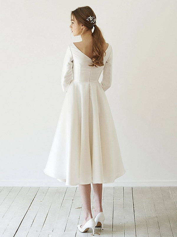 A-Line/Princess 3/4 Sleeves Scoop Neck Tea-Length Wedding Dresses BabaMila
