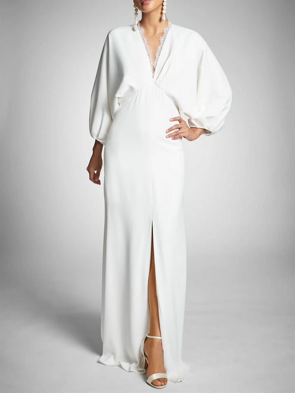 Sheath/Column Long Sleeves Plunging V Neck Floor-Length Wedding Dresses BabaMila