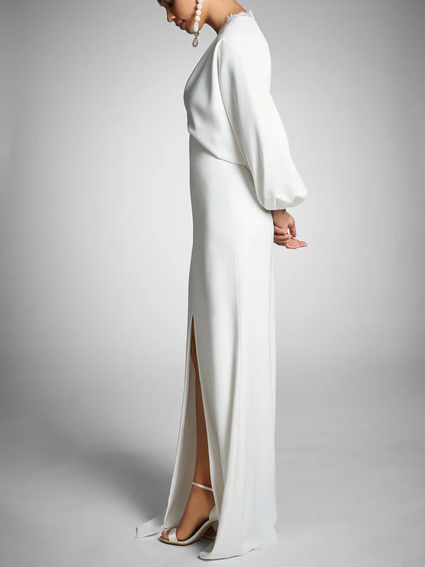 Sheath/Column Long Sleeves Plunging V Neck Floor-Length Wedding Dresses BabaMila