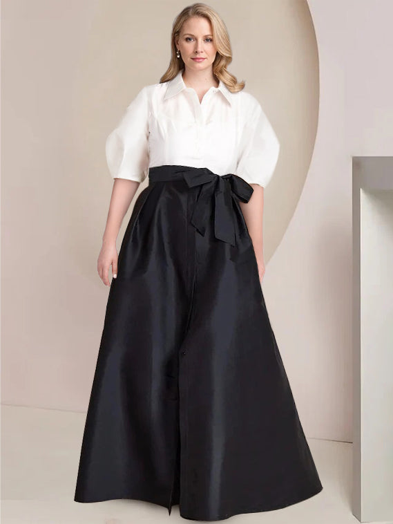 A-Line/Princess Shirt Collar Short Sleeves Floor-Length Plus Size Mother Of The Bride Dresses With Bowknot BabaMila