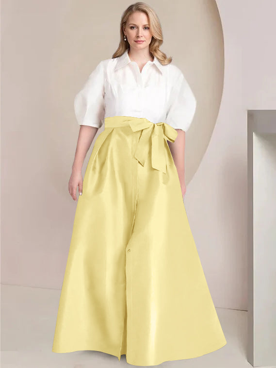 A-Line/Princess Shirt Collar Short Sleeves Floor-Length Plus Size Mother Of The Bride Dresses With Bowknot BabaMila