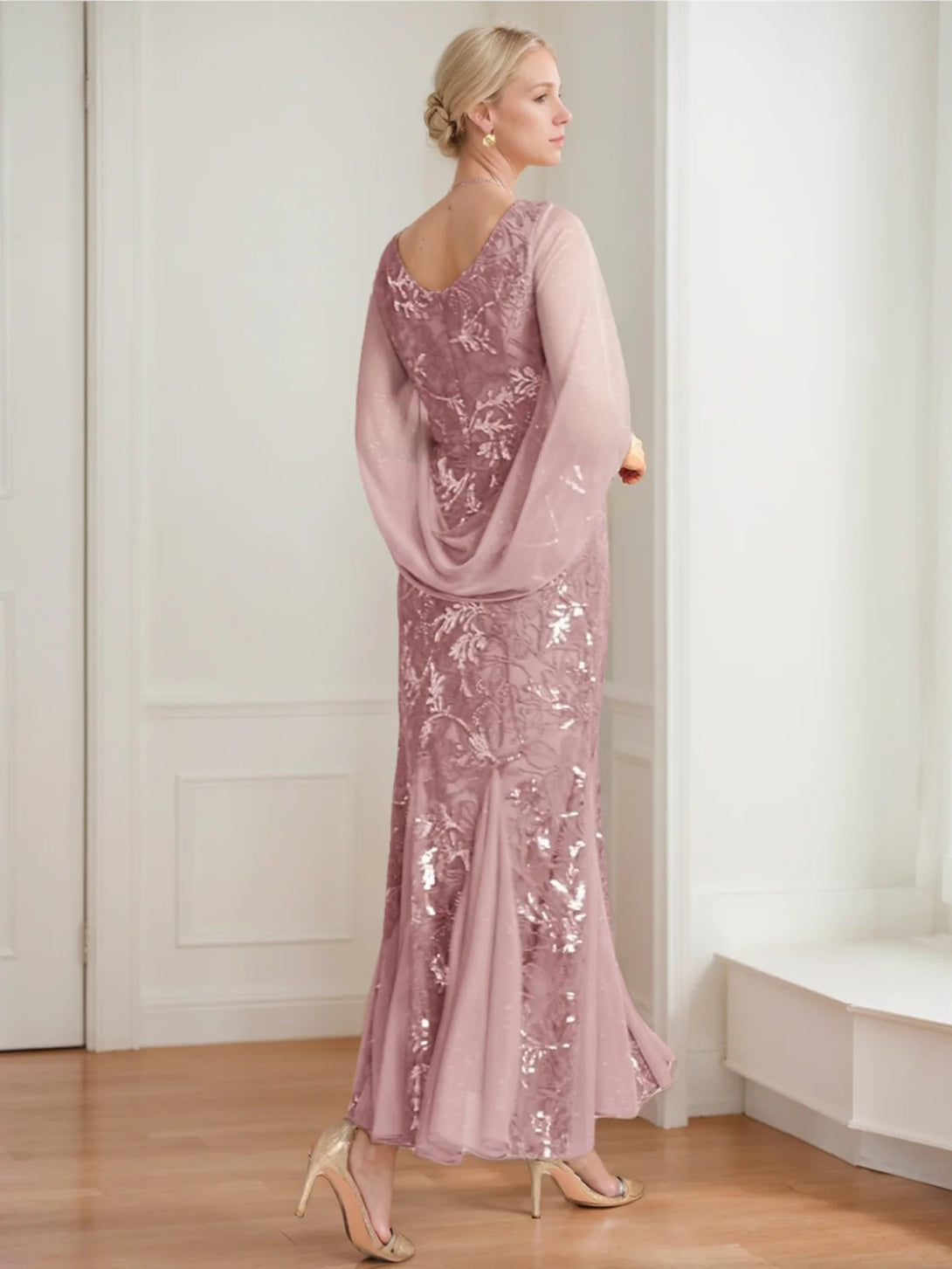 A-Line/Princess V-Neck Half Sleeves Ankle-Length Mother of the Bride Dresses with Solid Color & Lace BabaMila