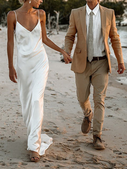 Sheath / Column Spaghetti Straps V Neck Sleeveless Sweep Train Wedding Dress BabaMila