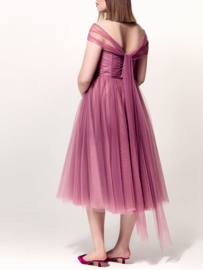 A-Line/Princess Off-the-shoulder V-Neck Tea-Length Plus Size Cocktail Dresses BabaMila