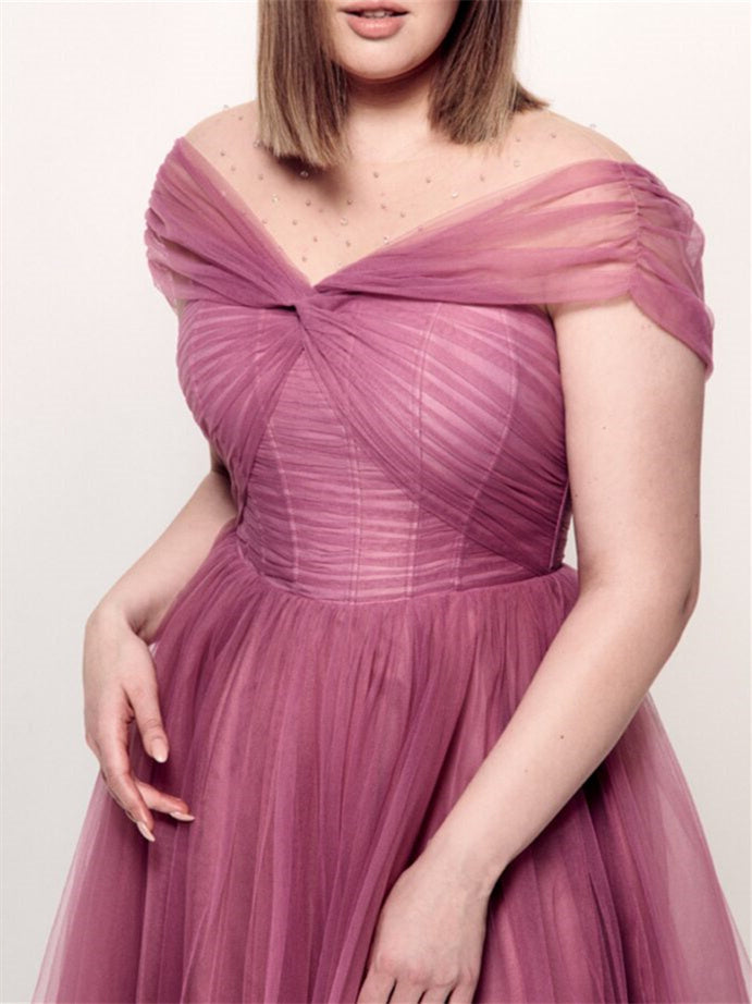 A-Line/Princess Off-the-shoulder V-Neck Tea-Length Plus Size Cocktail Dresses BabaMila