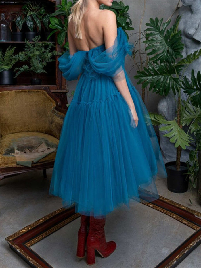 A-Line/Princess Off-the-shoulder Short Sleeves Tea-Length Cocktail Dresses With Pleated BabaMila