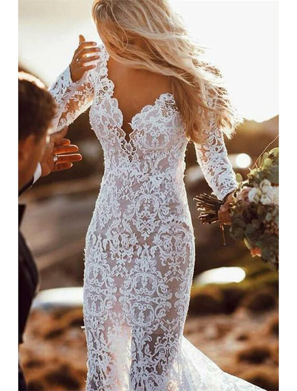 Mermaid / Trumpet V-Neck Long Sleeves Wedding Dresses Court Train with Appliques BabaMila