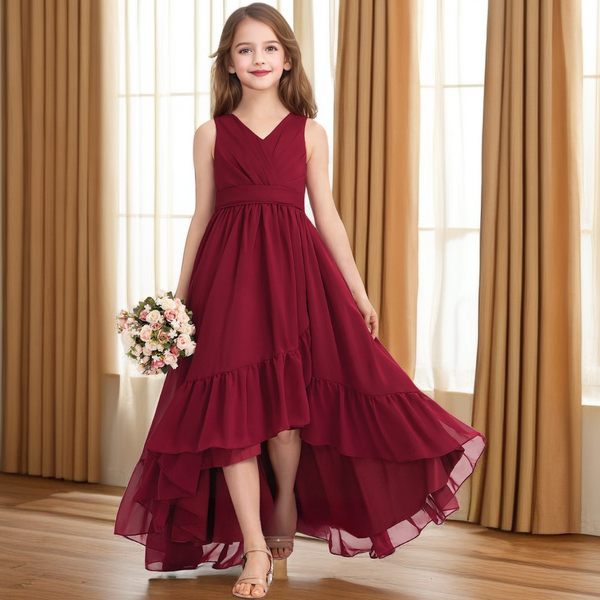 V-Neck Sleeveless Asymmetrical Chiffon Junior Bridesmaid Dress/Girls Birthday Dresses With Pleated/Belt Girls Gidiondress