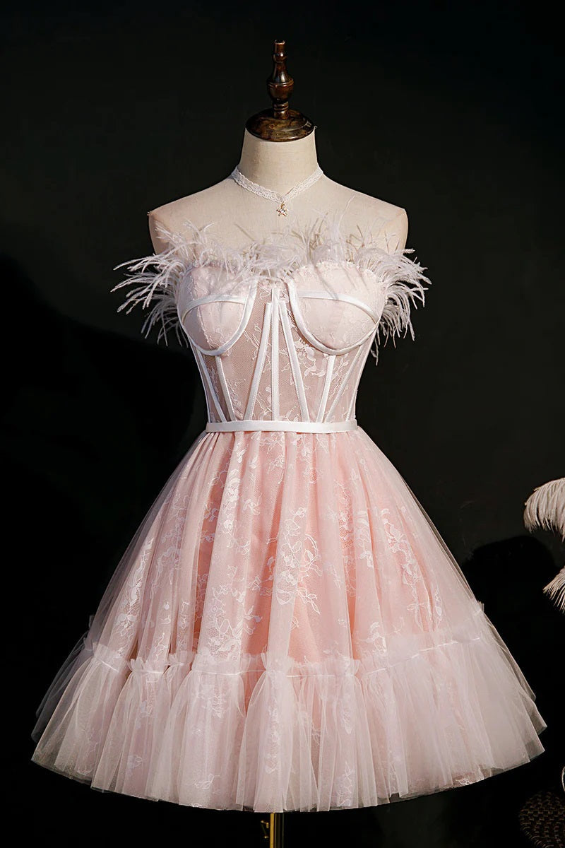 A-Line/Princess Strapless Sleeveless Short/Mini Party Dance Cocktail Homecoming Dress With Feathers BabaMila