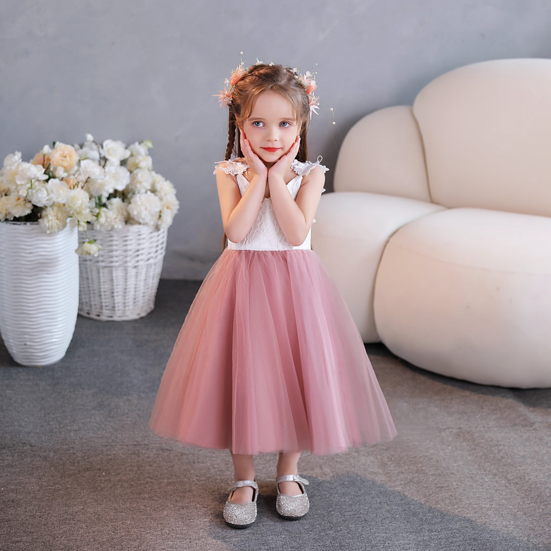 Ball Gown/Princess V-Neck Spaghetti Straps Lace/Tulle/Satin Tea-Length Flower Girl Dresses/Girls Birthday Dresses With Appliques Gidiondress