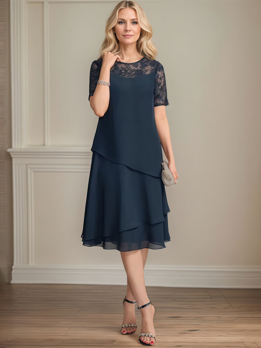 Column Scoop Neck Short Sleeve Illusion Knee-Length Chiffon/Lace Mother of the Bride Dress With Cascading Ruffles BabaMila