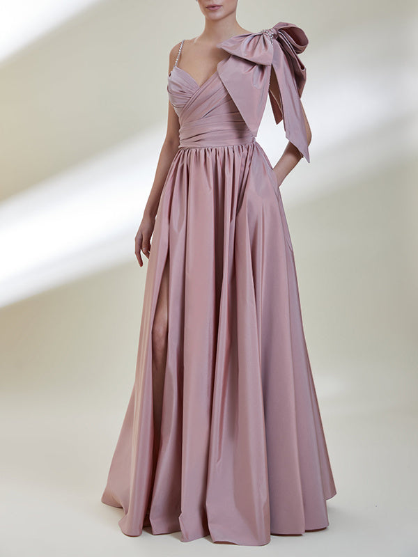 A-Line/Princess One-Shoulder Sleeveless Floor-Length Split Front/Bow(s) Satin Evening Dresses BabaMila
