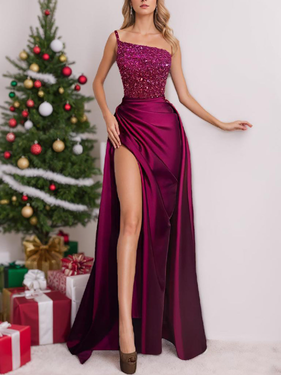 Sheath Sparkly Fuchsia One-Shoulder Spaghetti Straps Floor Length Evening Gown with Split/Pleated BabaMila