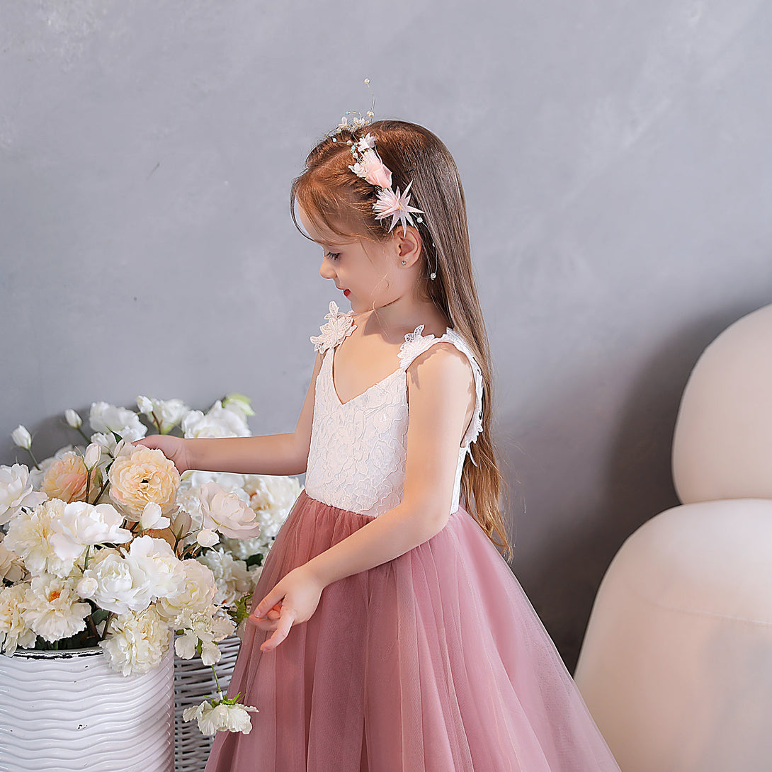 Ball Gown/Princess V-Neck Spaghetti Straps Lace/Tulle/Satin Tea-Length Flower Girl Dresses/Girls Birthday Dresses With Appliques Gidiondress
