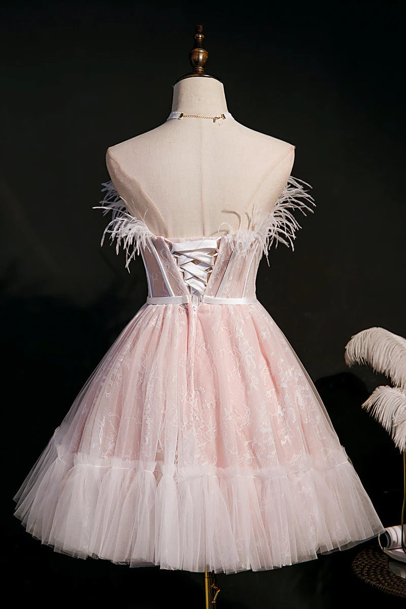 A-Line/Princess Strapless Sleeveless Short/Mini Party Dance Cocktail Homecoming Dress With Feathers BabaMila