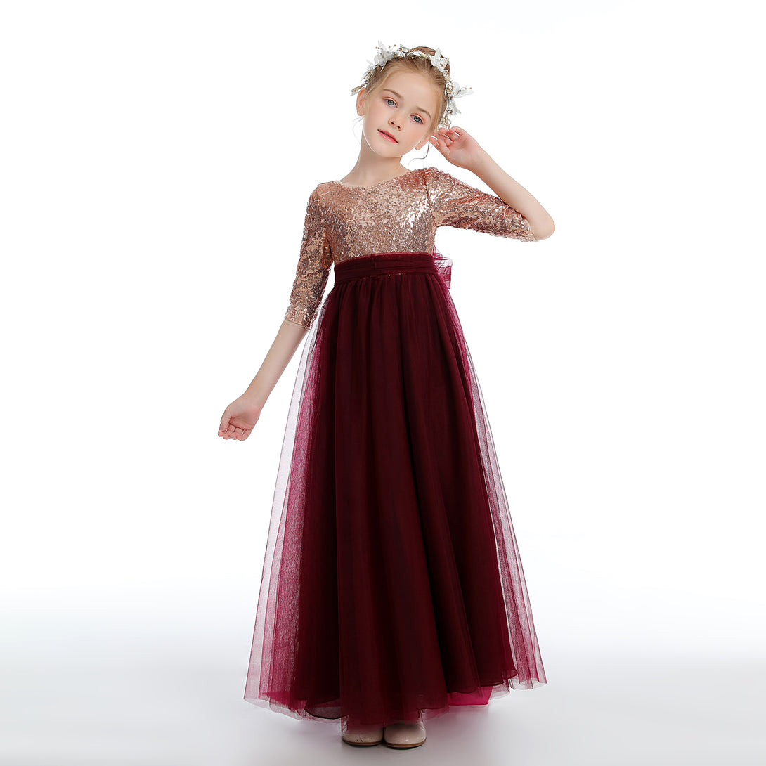 Half Sleeve Boat Neck Floor-Length Sequins/Tulle Flower Girl Dresses With Detachable Girls Gidiondress