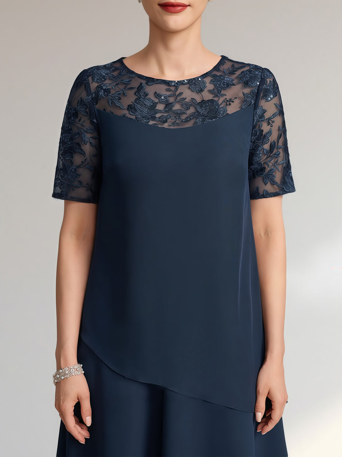 Column Scoop Neck Short Sleeve Illusion Knee-Length Chiffon/Lace Mother of the Bride Dress With Cascading Ruffles BabaMila