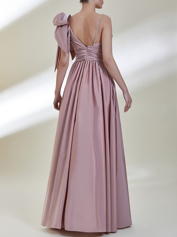 A-Line/Princess One-Shoulder Sleeveless Floor-Length Split Front/Bow(s) Satin Evening Dresses BabaMila