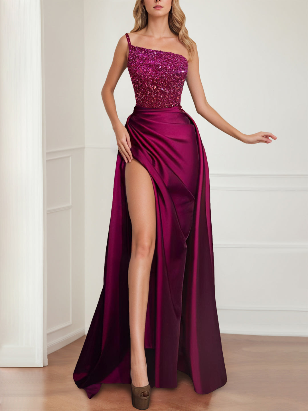 Sheath Sparkly Fuchsia One-Shoulder Spaghetti Straps Floor Length Evening Gown with Split/Pleated BabaMila