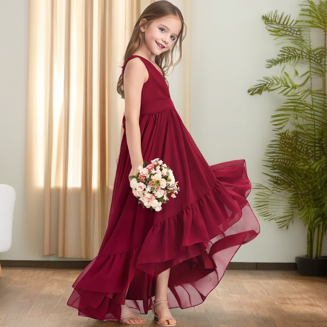 V-Neck Sleeveless Asymmetrical Chiffon Junior Bridesmaid Dress/Girls Birthday Dresses With Pleated/Belt Girls Gidiondress