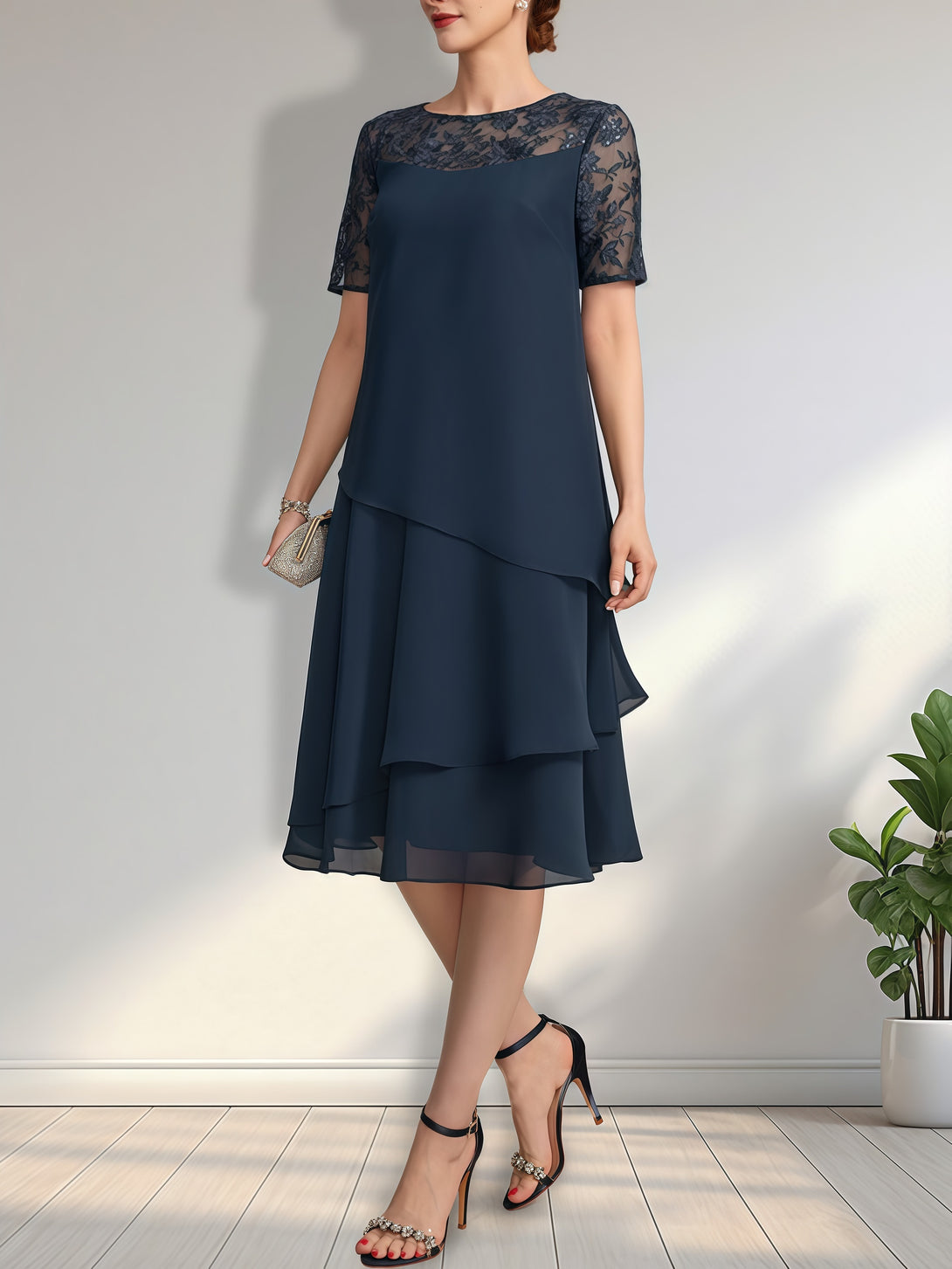 Column Scoop Neck Short Sleeve Illusion Knee-Length Chiffon/Lace Mother of the Bride Dress With Cascading Ruffles BabaMila