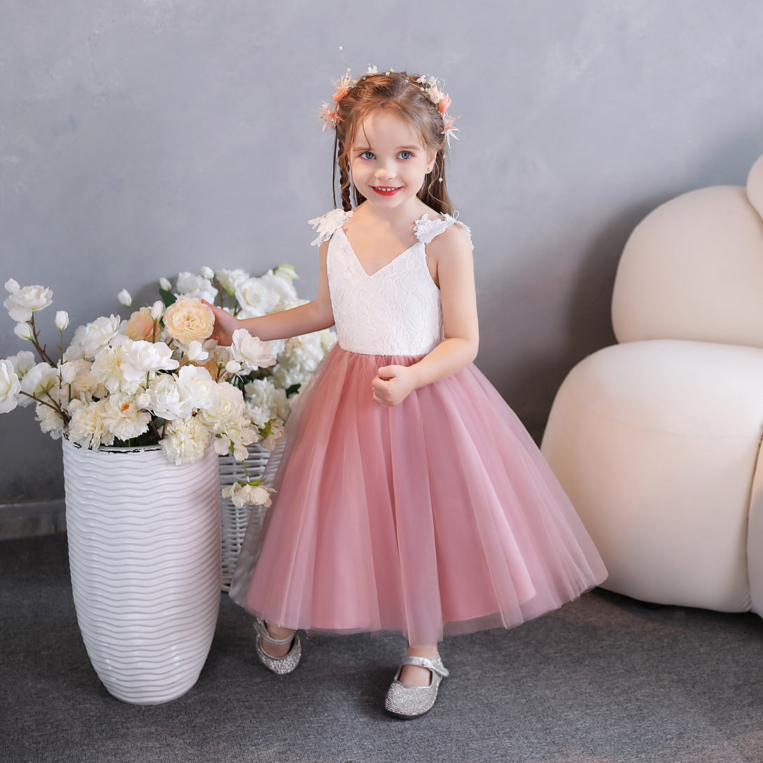 Ball Gown/Princess V-Neck Spaghetti Straps Lace/Tulle/Satin Tea-Length Flower Girl Dresses/Girls Birthday Dresses With Appliques Gidiondress