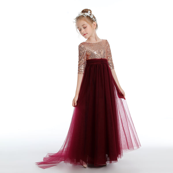 Half Sleeve Boat Neck Floor-Length Sequins/Tulle Flower Girl Dresses With Detachable Girls Gidiondress